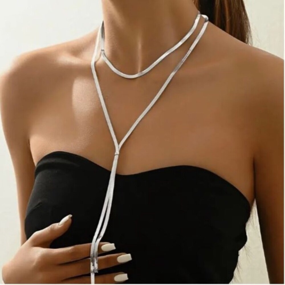 NEW Luxe 24k Gold Plated Silver Plated Herringbone Chain Layered Y-Necklace